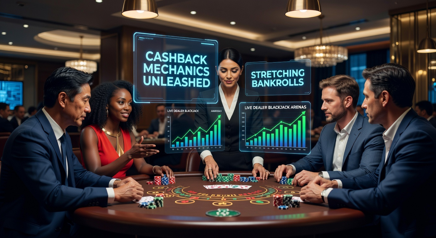 Live dealer blackjack table with digital cashback icons overlayed, showing players extending their sessions