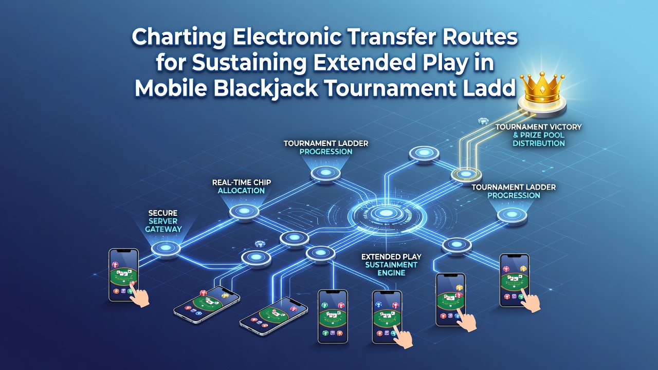 Diagram of electronic fund transfer routes connecting mobile devices to blackjack tournament servers