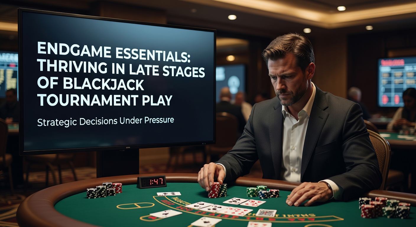 Intense blackjack tournament final table with players focused on chip stacks during late-stage play