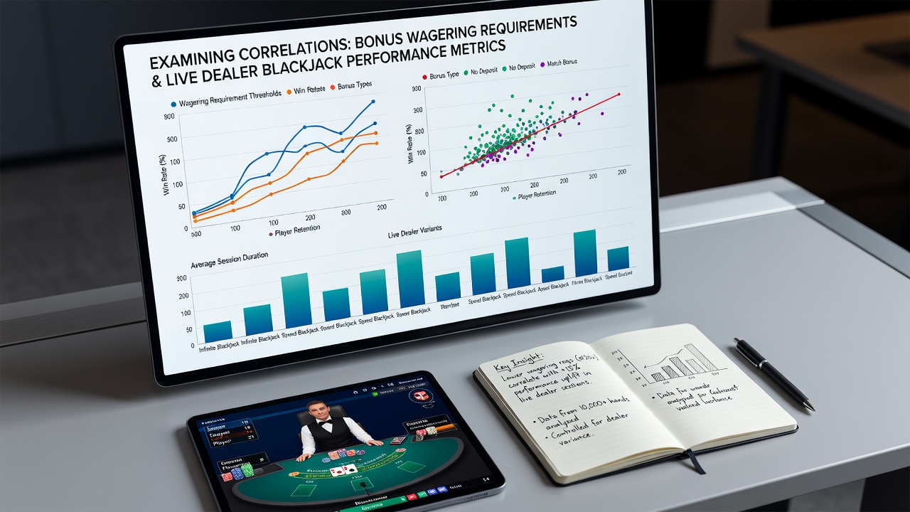 Graph illustrating correlations between playthrough multipliers and key blackjack performance indicators including win rate and session volume
