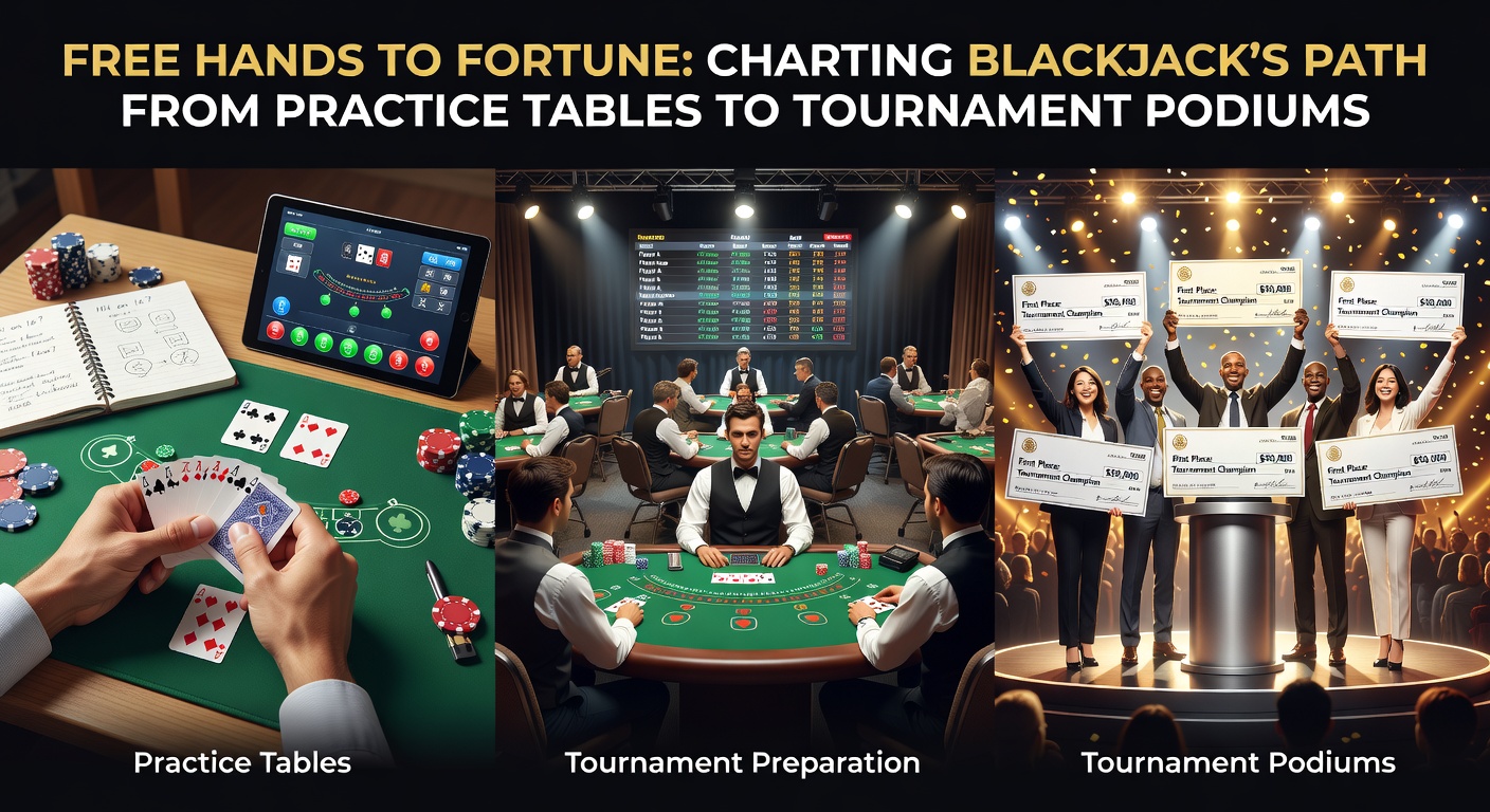 Intense blackjack tournament final table with players deep in concentration, chips stacked high