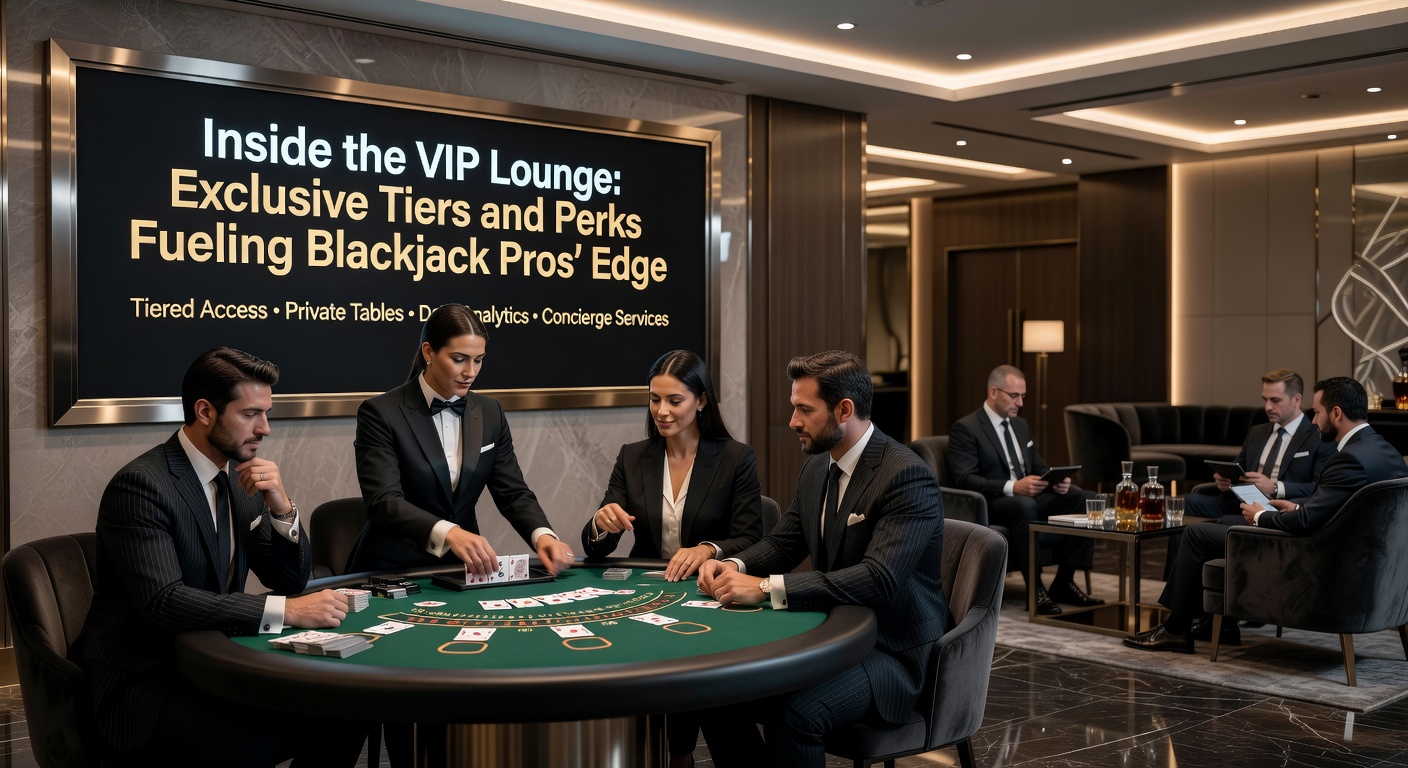 Elegant VIP lounge interior with blackjack tables, plush seating, and high-rollers enjoying exclusive perks in a casino setting
