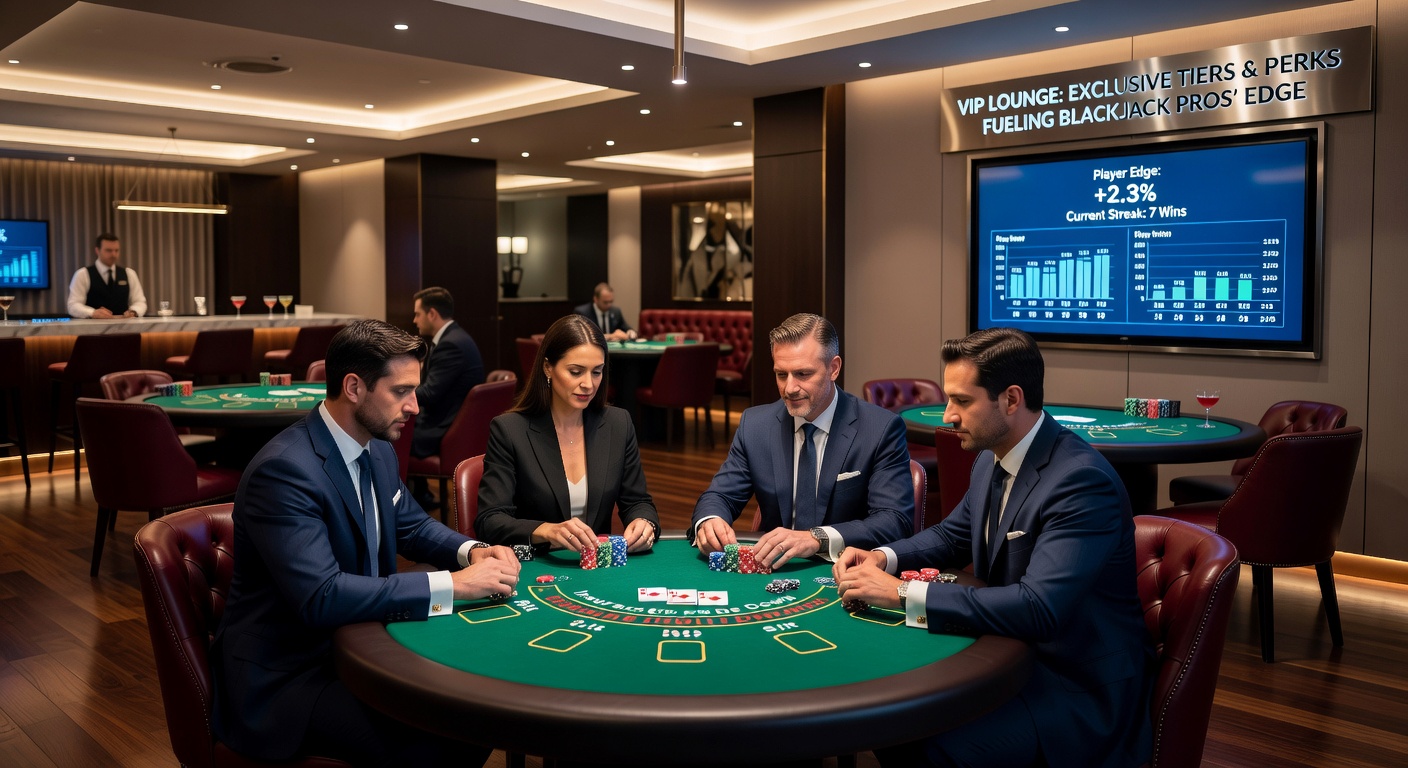 High-stakes blackjack pros in a private VIP lounge, surrounded by premium drinks, dedicated dealers, and customized gaming setups