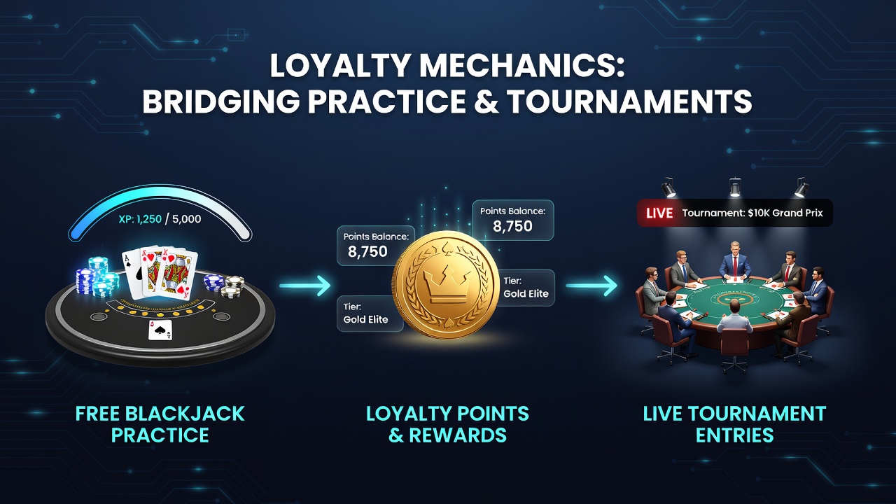 Live blackjack tournament table with players displaying loyalty tier badges and entry confirmation screens