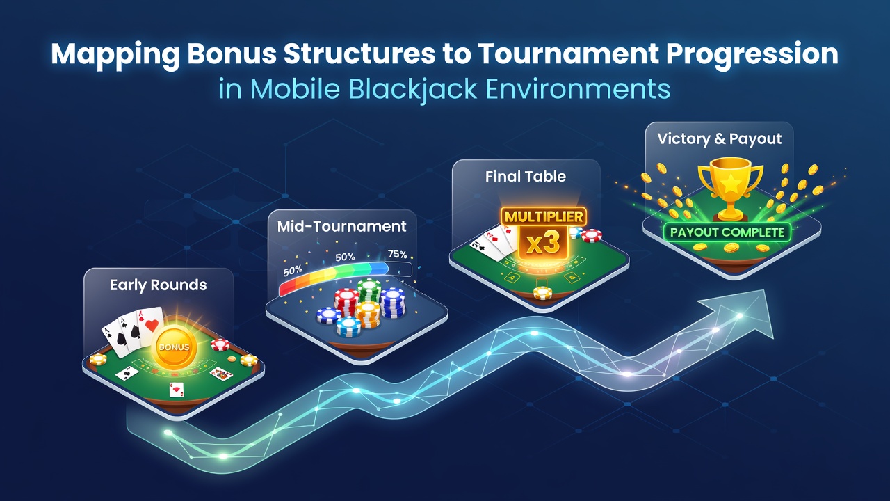 Mobile blackjack tournament interface showing bonus progression stages on a smartphone screen