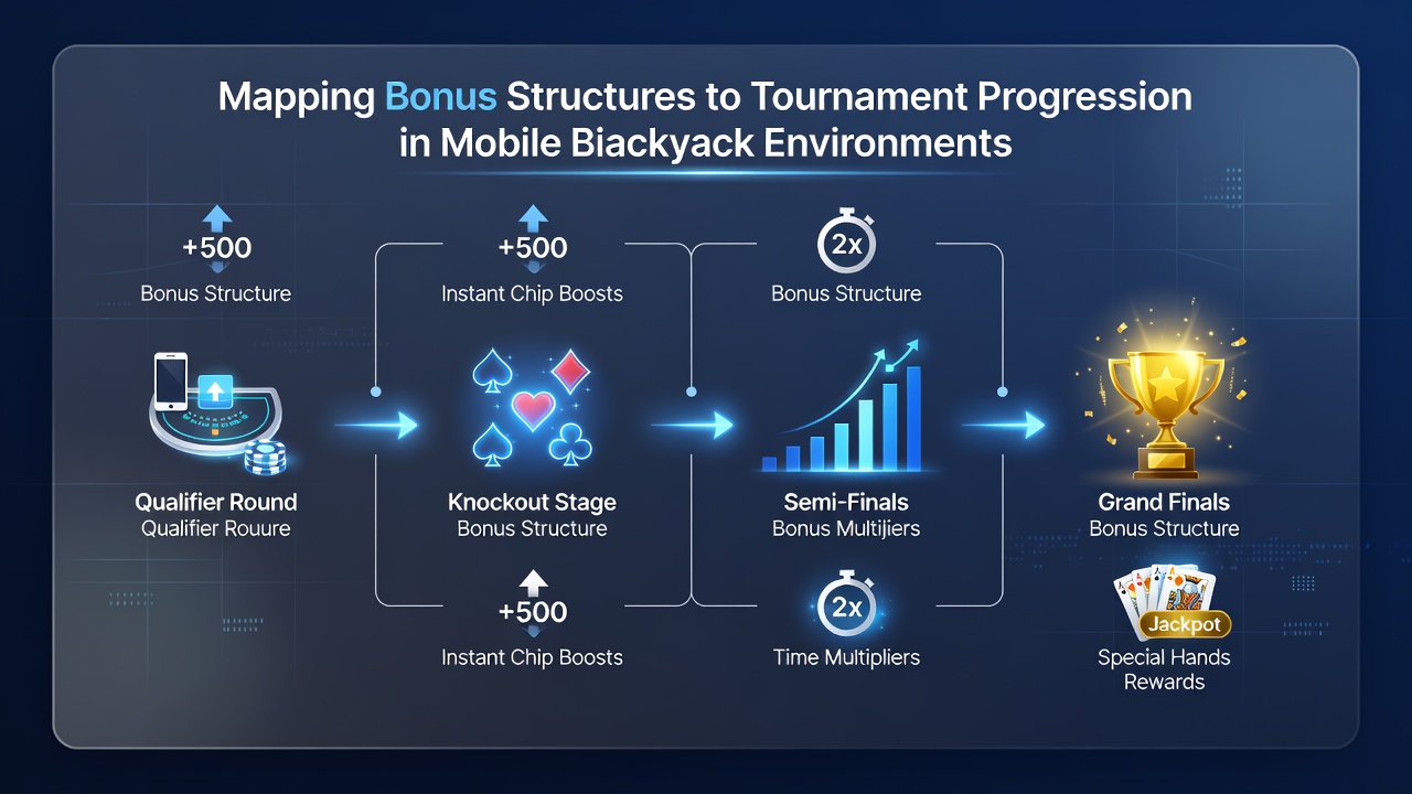 Chart displaying bonus structure alignment with mobile blackjack tournament rounds and chip milestones