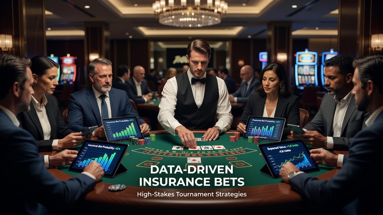 Blackjack tournament table setup with players analyzing insurance options during high-stakes play