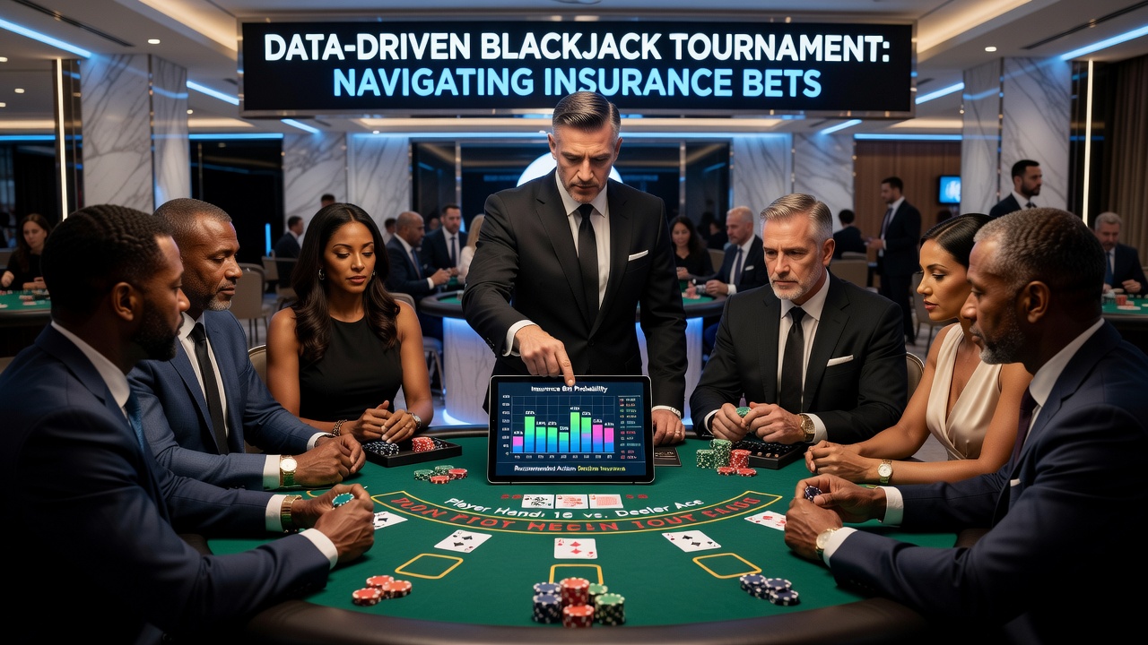 Analytics dashboard displaying blackjack insurance probability calculations during tournament simulation