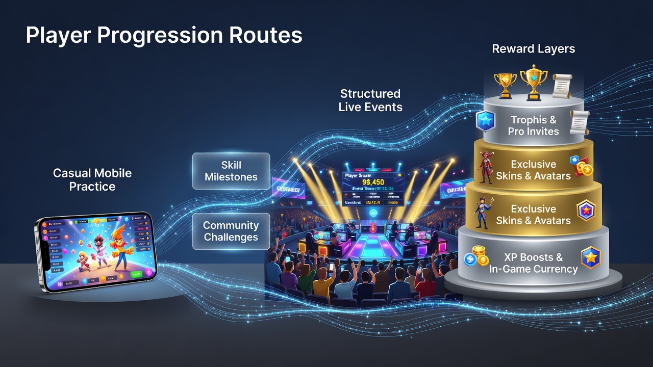 Diagram showing pathways from casual mobile blackjack apps to structured live tournaments and layered reward systems