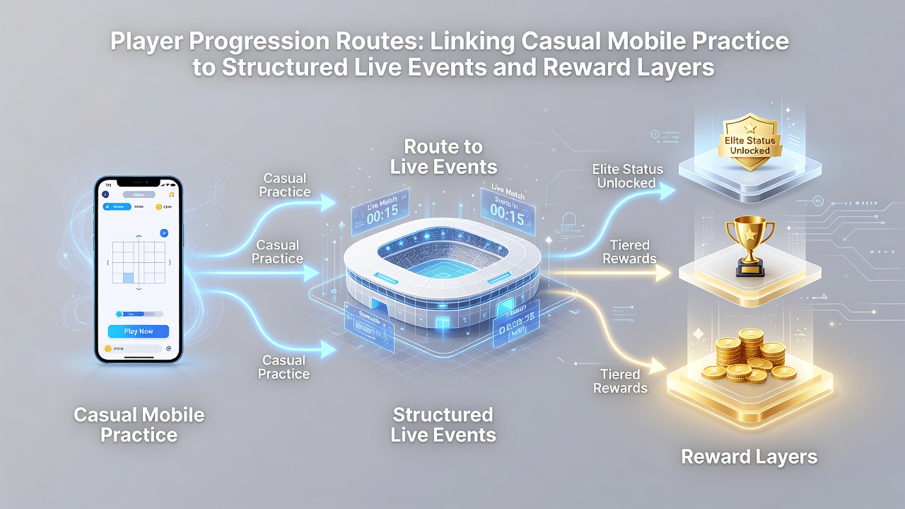 Visual representation of reward layers connecting mobile practice achievements to live event benefits and progression milestones