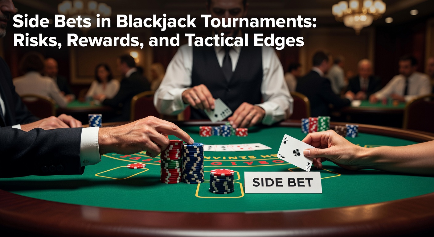 Blackjack tournament players at a table with side bet options illuminated on the felt, chips stacked high amid intense competition