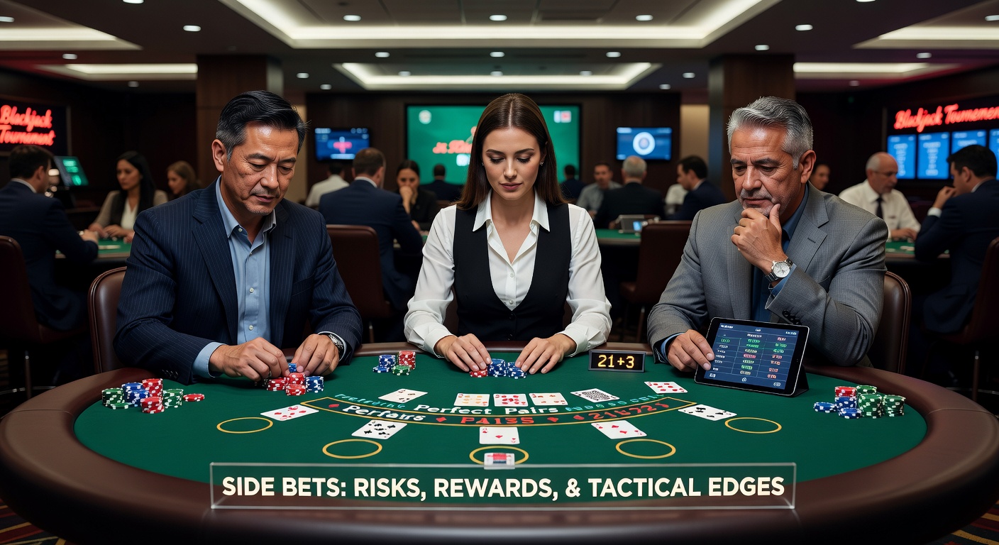 Close-up of a blackjack side bet payout board during a tournament, showing odds for Perfect Pairs and 21+3 amid scattered chips and cards