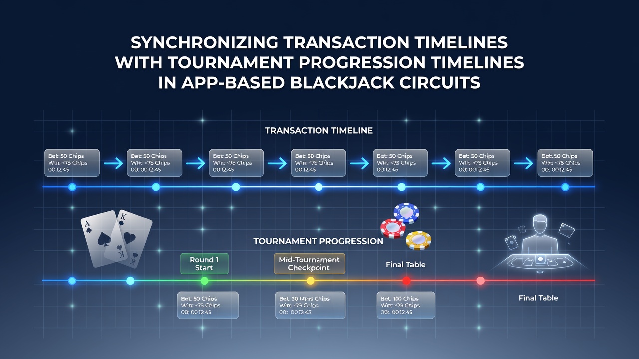Mobile blackjack tournament interface showing real-time transaction sync during registration and early rounds