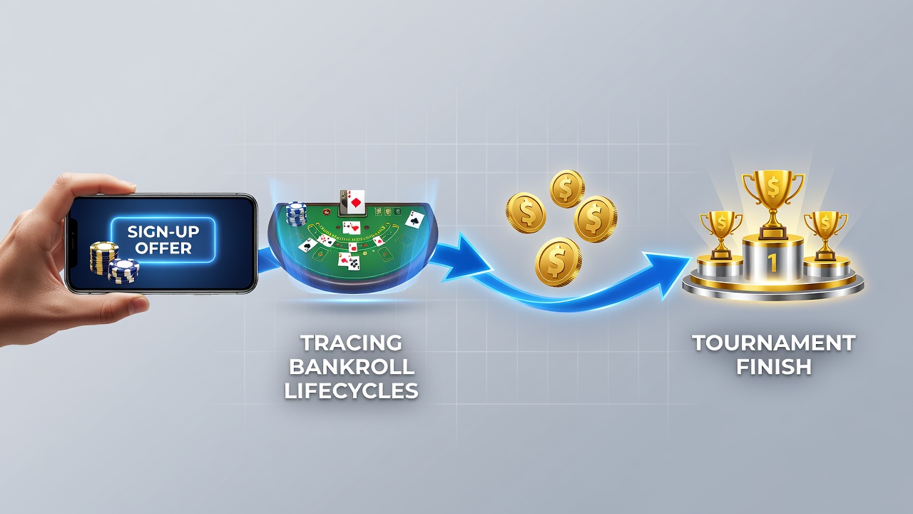 Mobile blackjack player tracking bankroll from sign-up bonus through portable device sessions